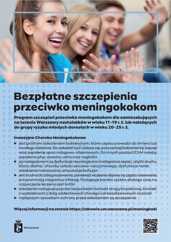 Plakat dotyczący bezpłatnego szczepienia przeciwko meningokokom